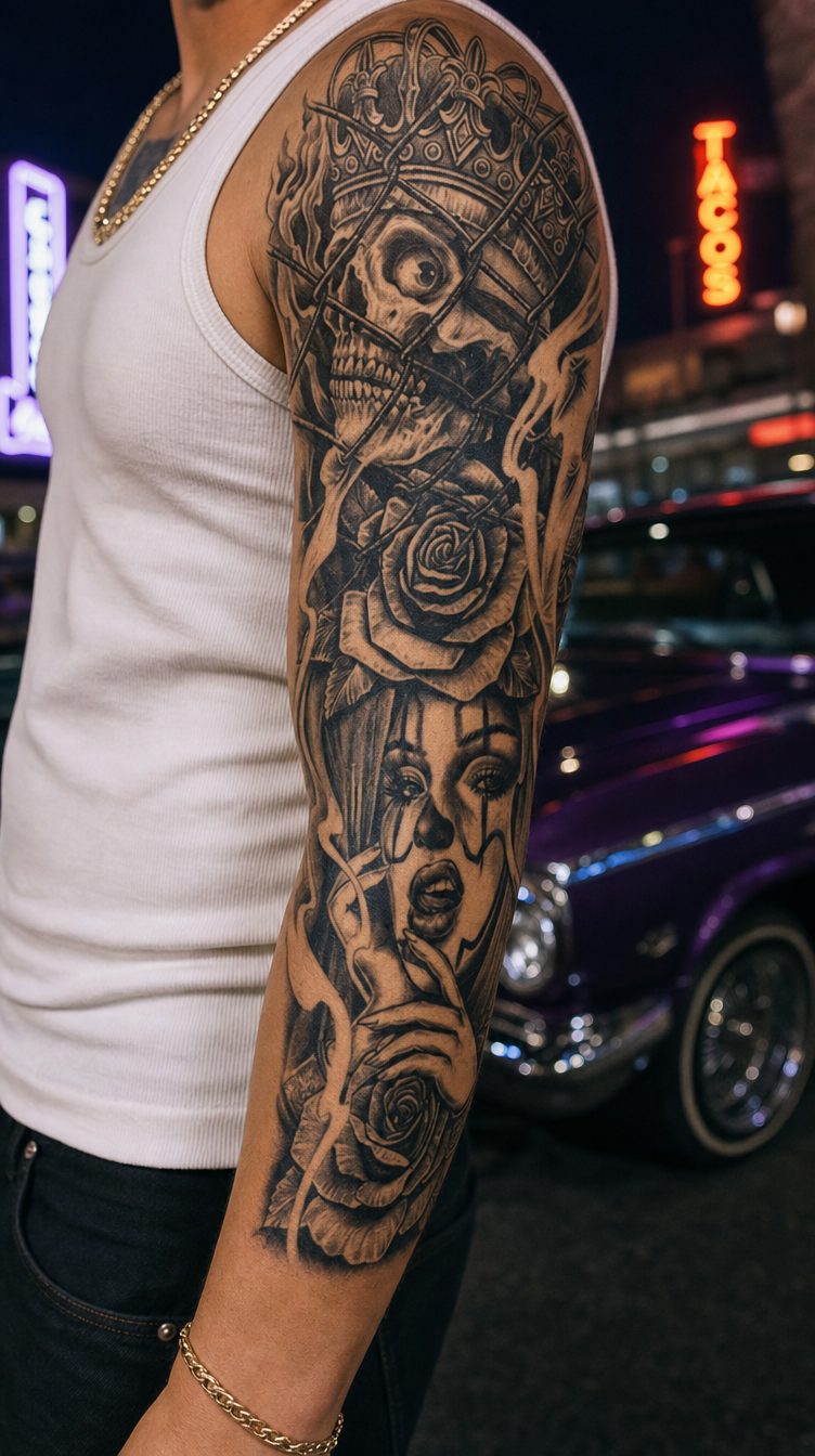 Tatuaj temporar cu model de craniu încoronat pe antebraț, pentru un costum de pirat sau de personaj întunecat la carnaval