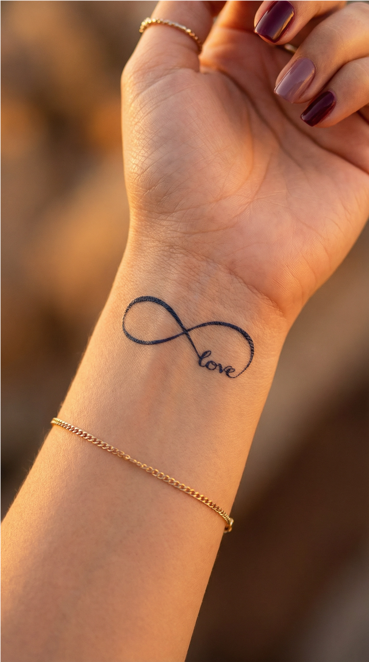 Tatuaj temporar Infinit, model minimalist de linie fină, aplicat pe piele
