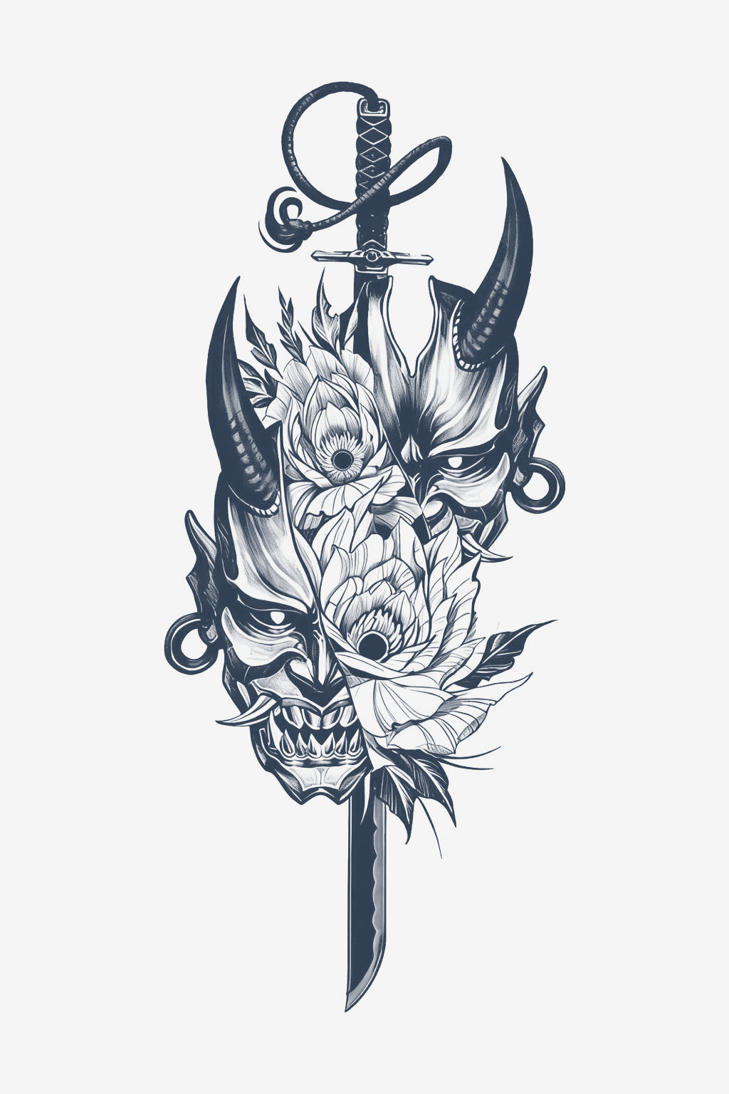 Tatuaj temporar cu masca Hannya, flori de bujor și o katană, în stil neo-tradițional japonez