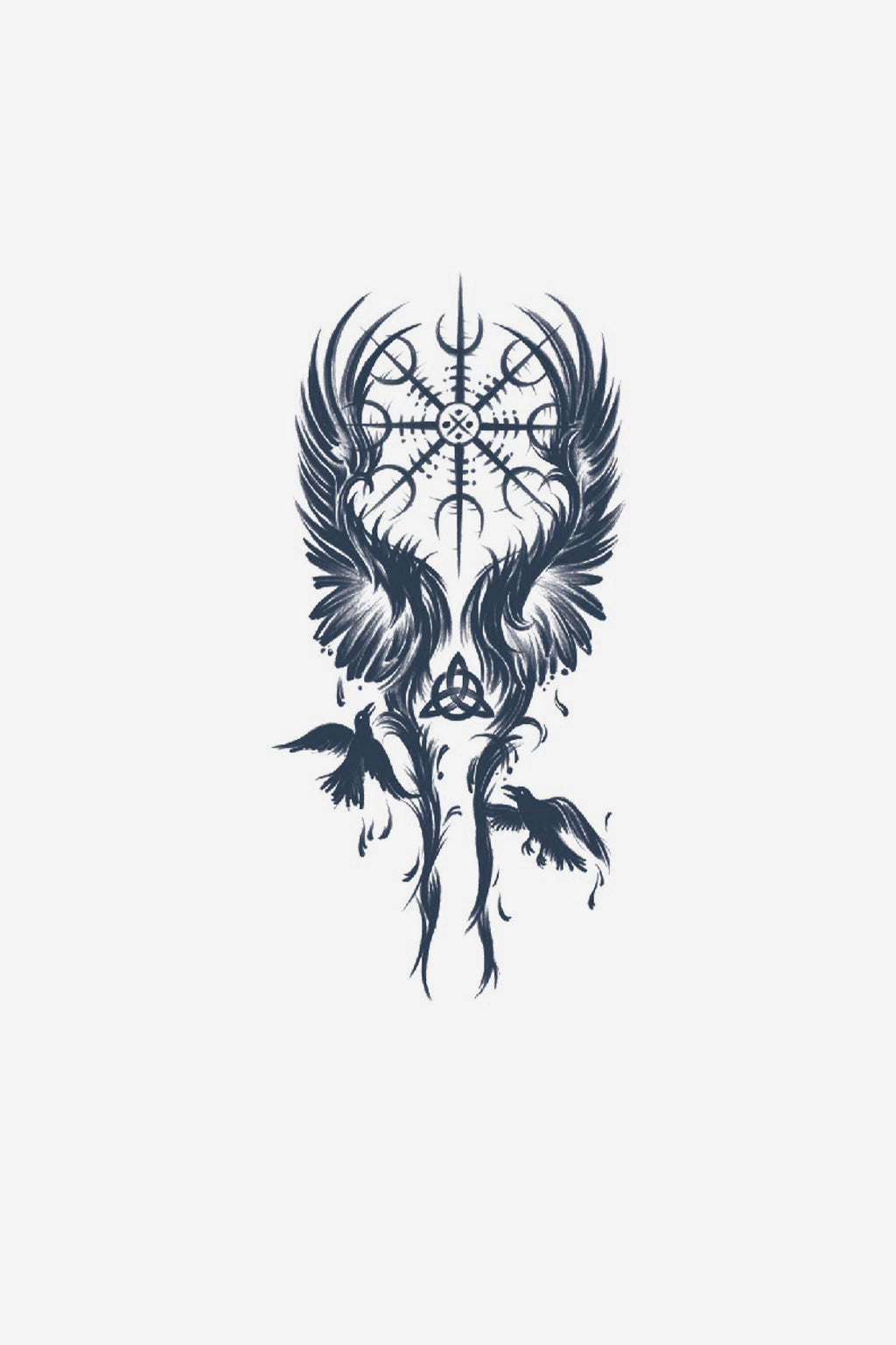 Design Vegvisir încadrat de aripi de vultur și doi corbi în zbor