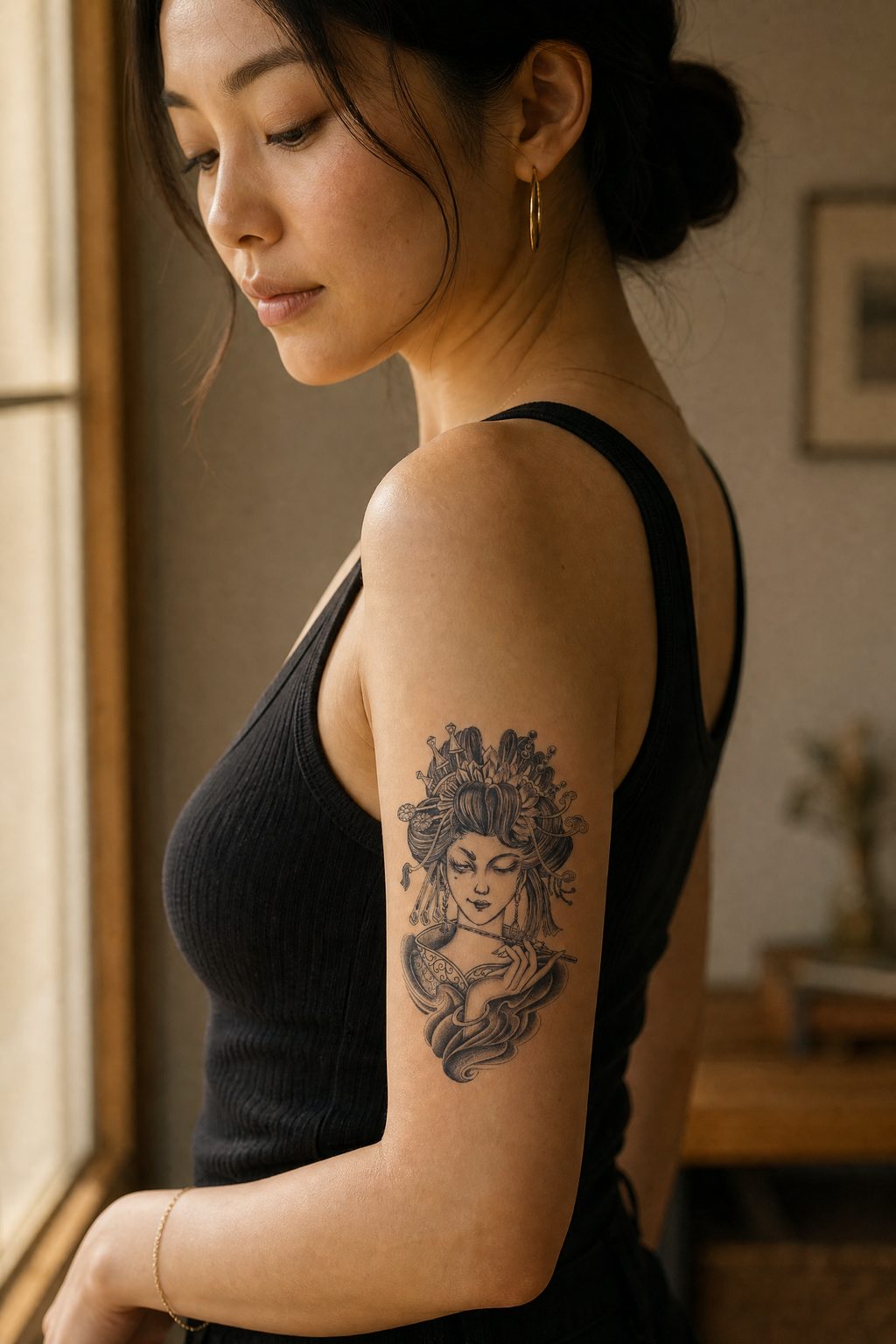 Designul de tatuaj Gheișă de la InkLabs: figură feminină elegantă, cu elemente inspirate de kimono, disponibil în versiune temporară și semipermanentă