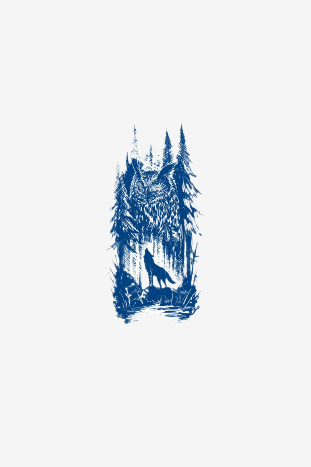 Tatuaje cu lup într-un peisaj de pădure, model semipermanent