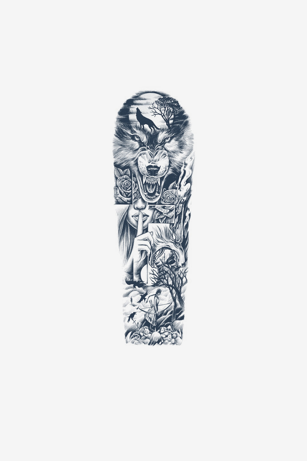 Model de tatuaj temporar vertical, cu un lup și siluete din pădure, care pornește de la șold și se continuă pe coapsă