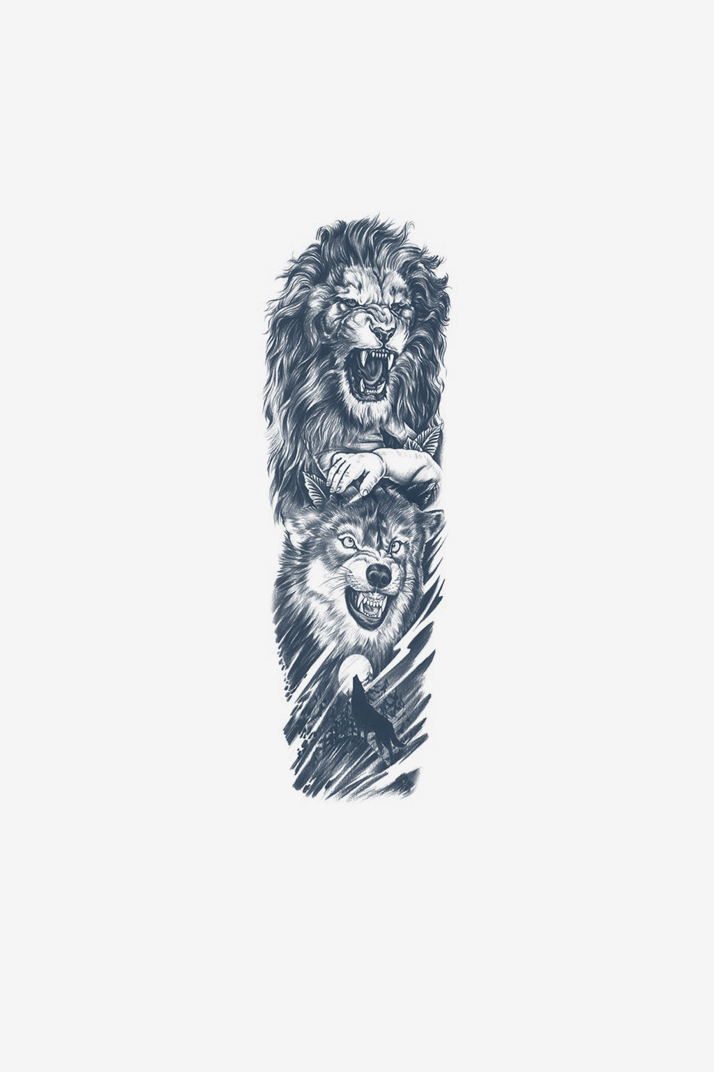 Testul semipermanent al designului ilustrativ Instinct, cu lup și leu, în linie neagră