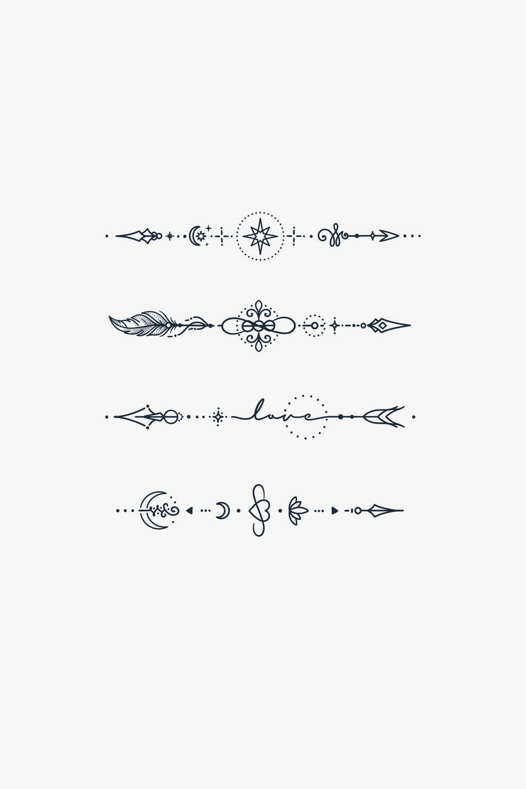 Set Ornamental - patru benzi de tatuaje temporare cu linie fină, gândite pentru mai multe locuri de pe corp