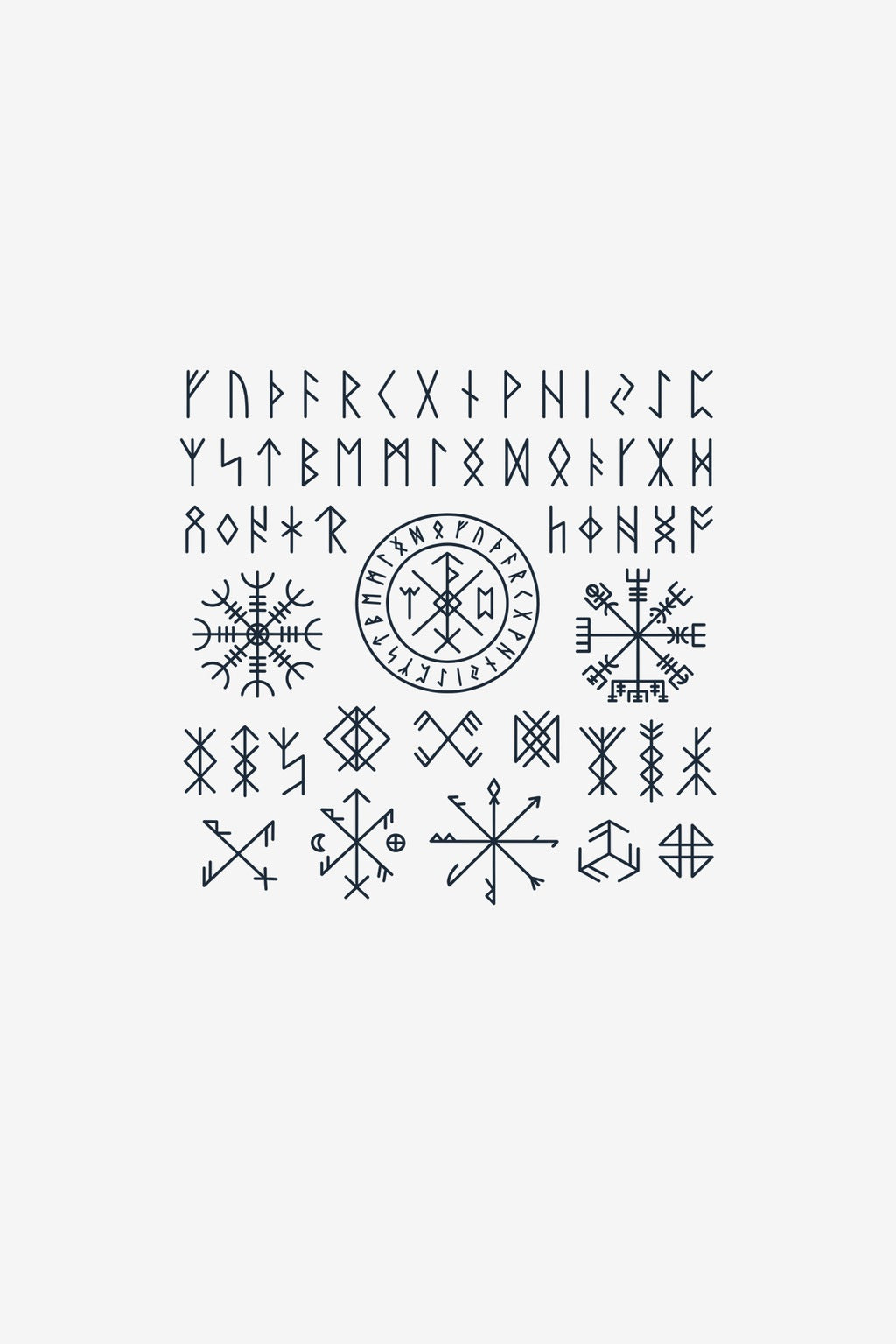 Planșă cu alfabet runic complet și simbol vegvisir, tatuaj temporar Inklabs