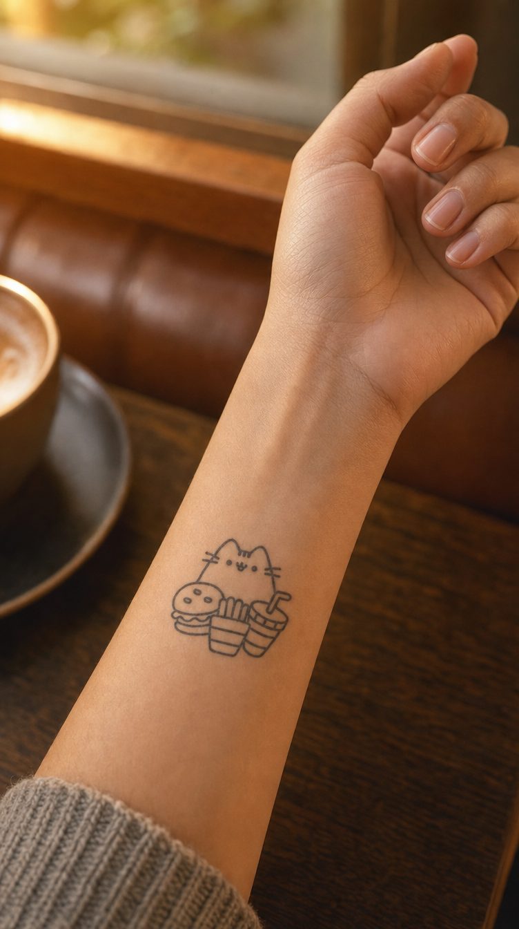 Tatuajul temporar Meow & Fries aplicat pe piele