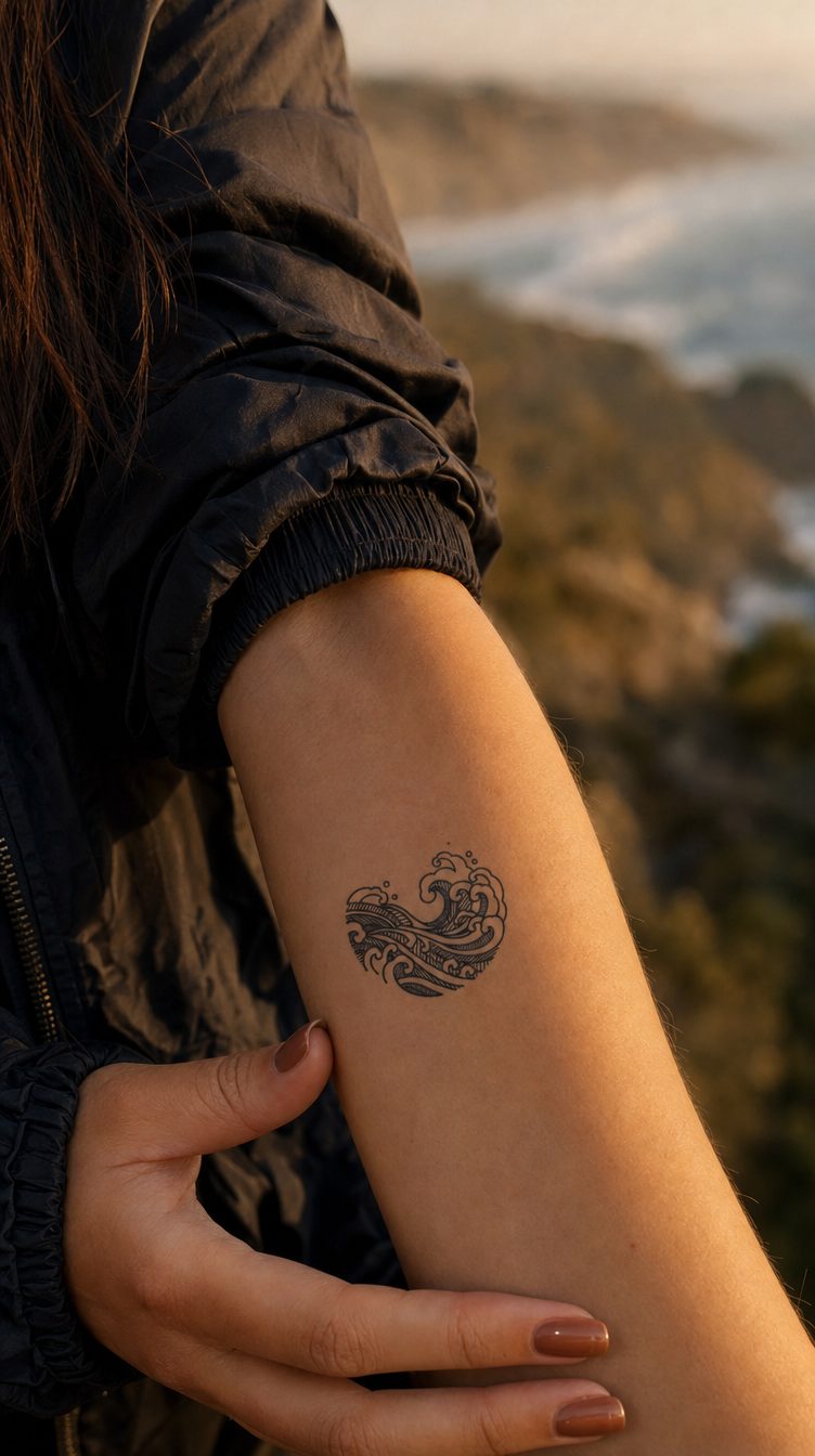 Tatuaj semipermanent Haiku, desen minimalist cu val, aplicat pe piele
