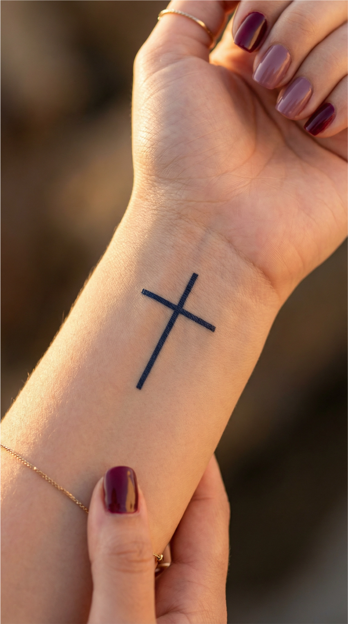 Tatuaj semipermanent cu cruce minimalistă, model Credința, aplicat pe piele